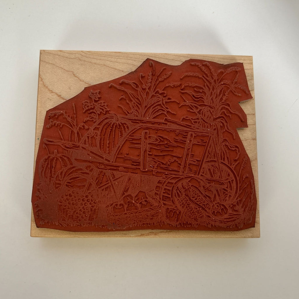 Northwoods Rubber Stamp Wheelbarrow Wagon Harvest Scene Thanksgiving Pumpkin Apples Corn Wood Mounted Cardmaking