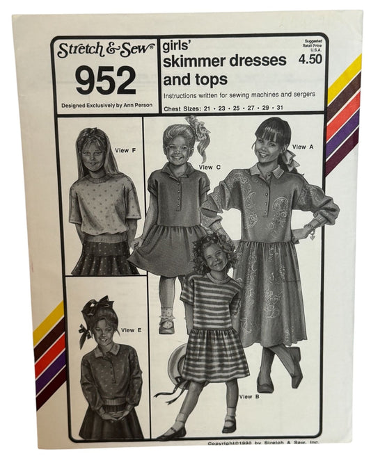 Stretch and Sew Sewing Pattern 952 Girls Skimmer Dresses and Tops Shirt 1990 UC