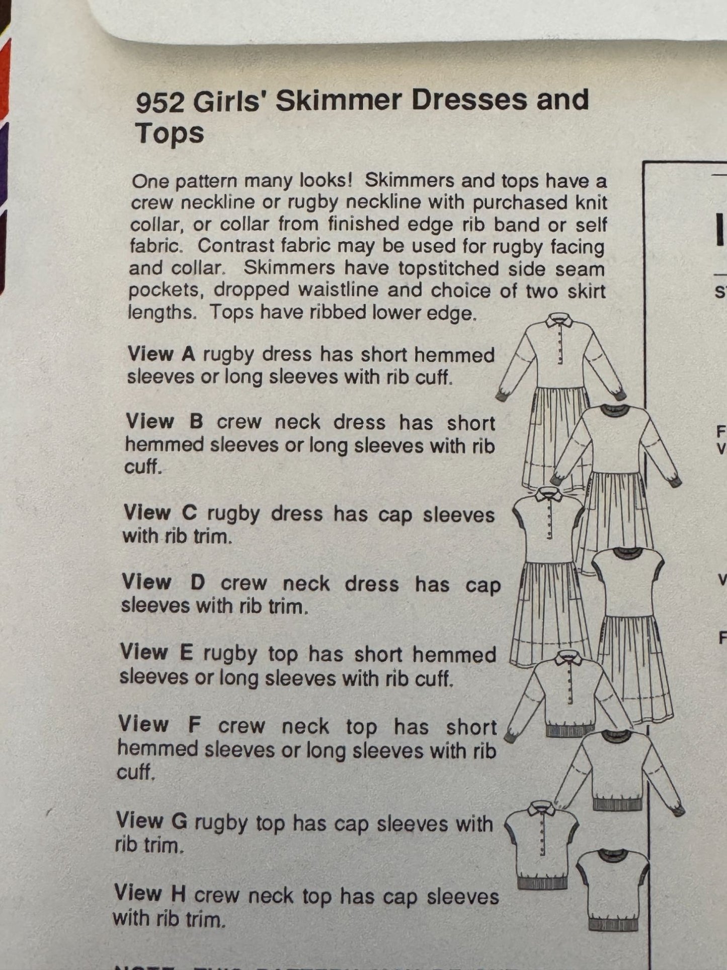 Stretch and Sew Sewing Pattern 952 Girls Skimmer Dresses and Tops Shirt 1990 UC
