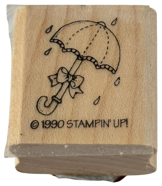 Stampin Up Rubber Stamp Umbrella with Bow Raindrops Rain Spring Baby Shower Card