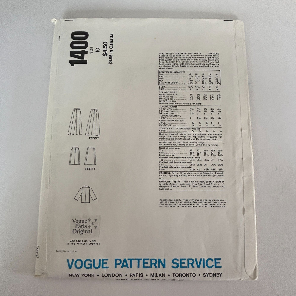 Vogue Paris Original Sewing Pattern 1400 Givenchy 70s Top Skirt Pants 10 Uncut