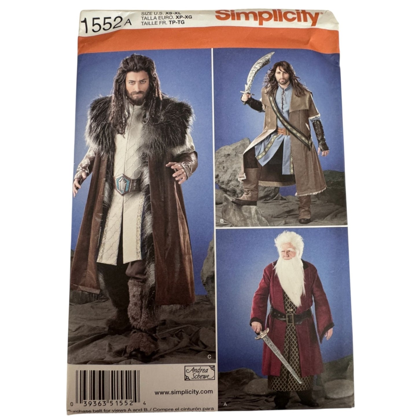 Simplicity Sewing Pattern 1552 Mens Costume Viking Medieval Warrior Coat Cosplay Fantasy Uncut XS-XL