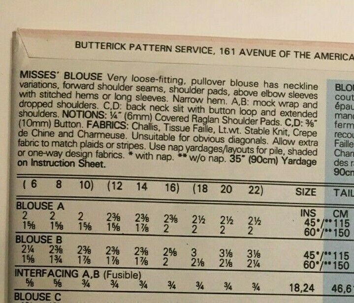 Butterick Vintage 80s Blouse Sewing Pattern 6-8-10 Fast & Easy Misses Tops V Neck Button Back UNCUT