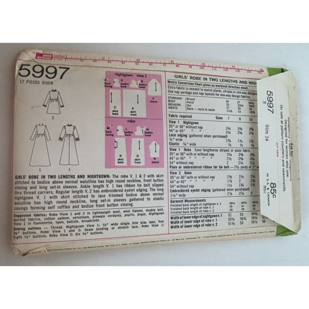 Simplicity Sewing Pattern 5997 Girls Robe Nightgown Pajamas 1970s Vintage 14 UC