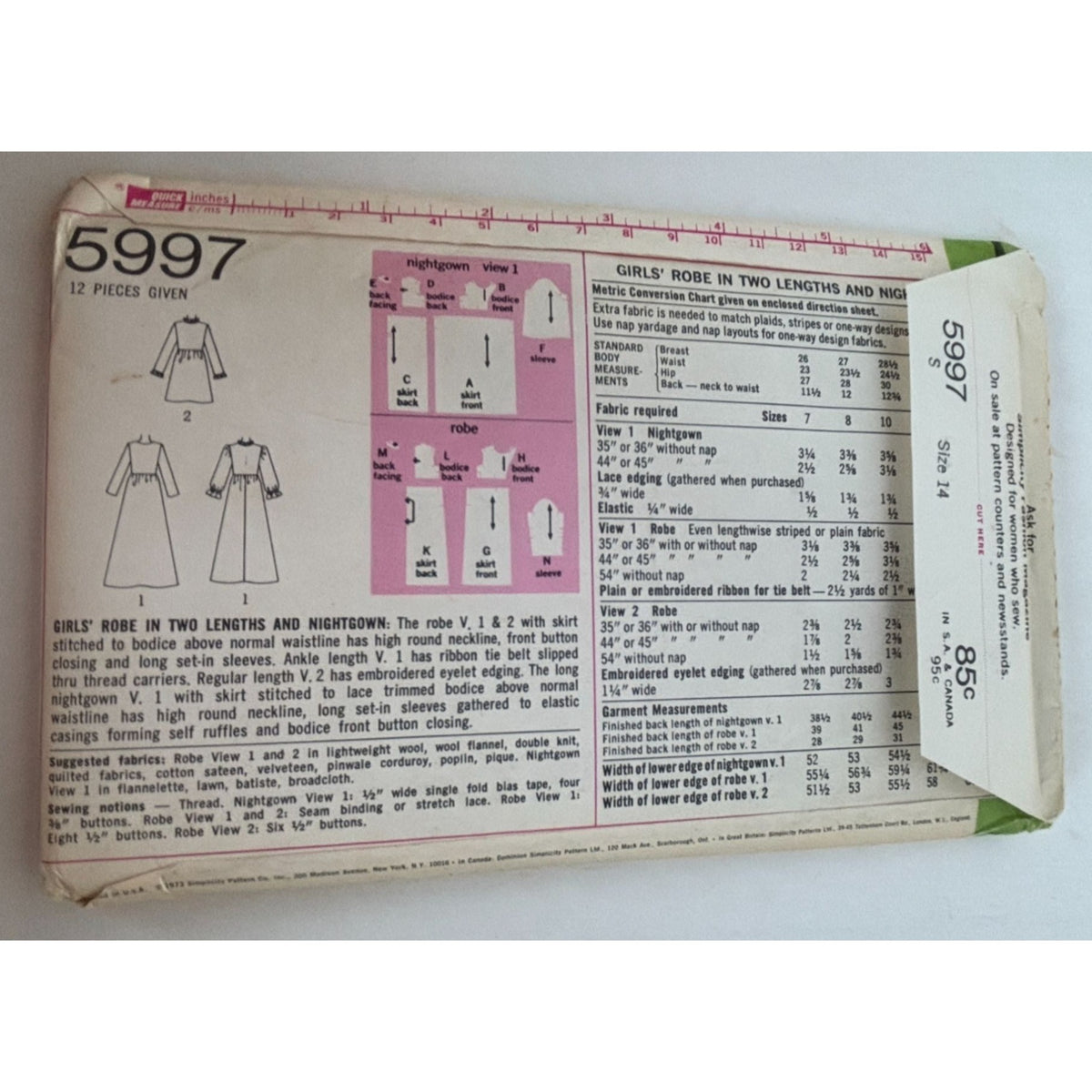 Simplicity Sewing Pattern 5997 Girls Robe Nightgown Pajamas 1970s Vintage 14 UC