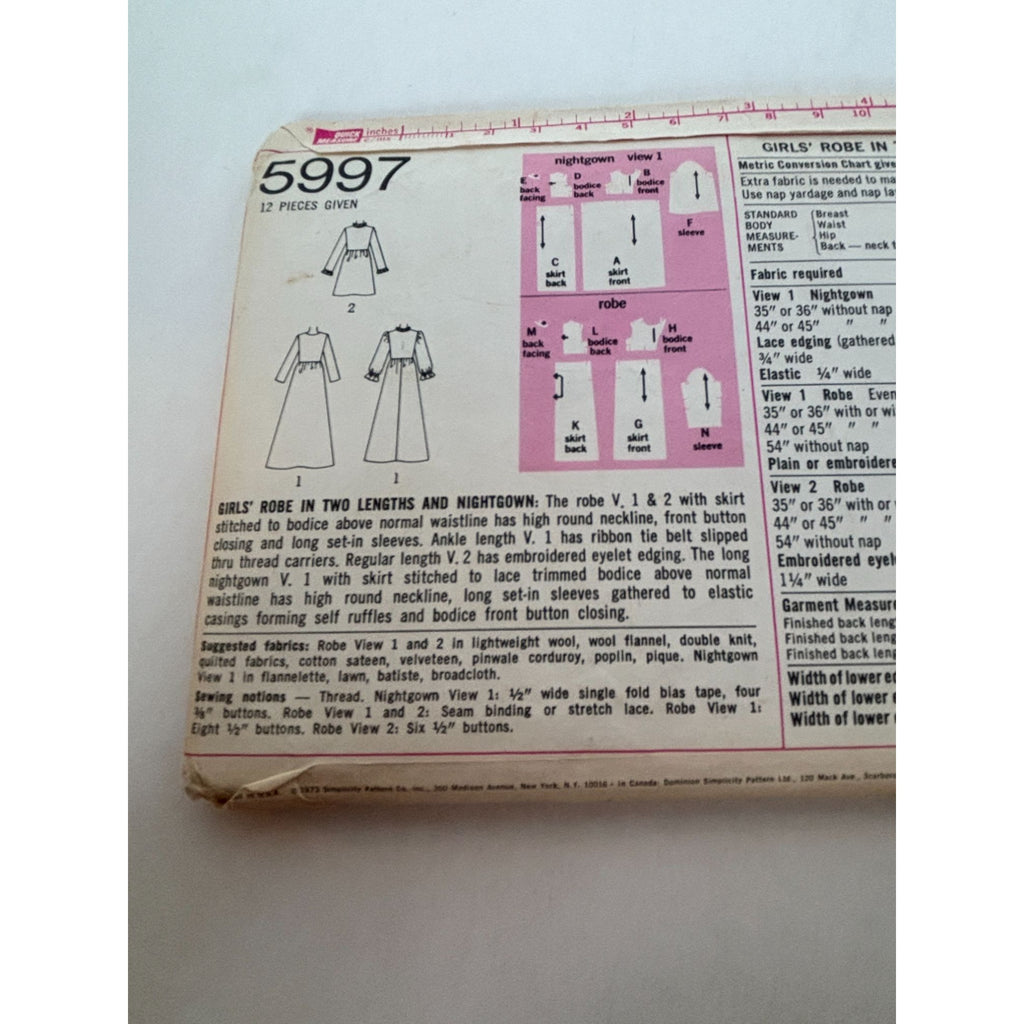 Simplicity Sewing Pattern 5997 Girls Robe Nightgown Pajamas 1970s Vintage 14 UC
