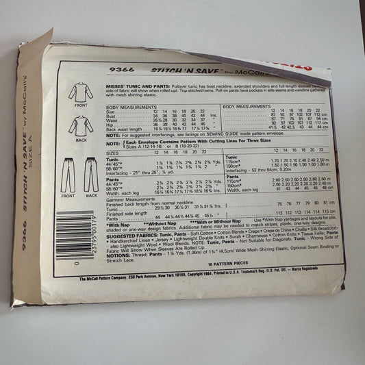 McCalls Stitch N Save Pattern 9366 Size A (12-14-16) Misses Tunic & Pants