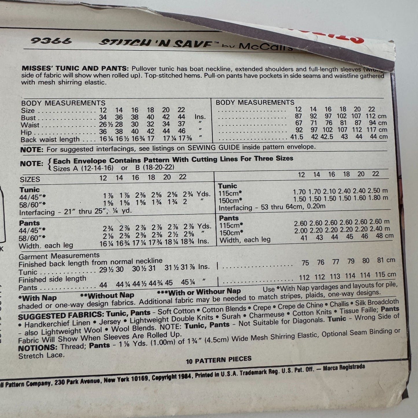 McCalls Stitch N Save Pattern 9366 Size A (12-14-16) Misses Tunic & Pants