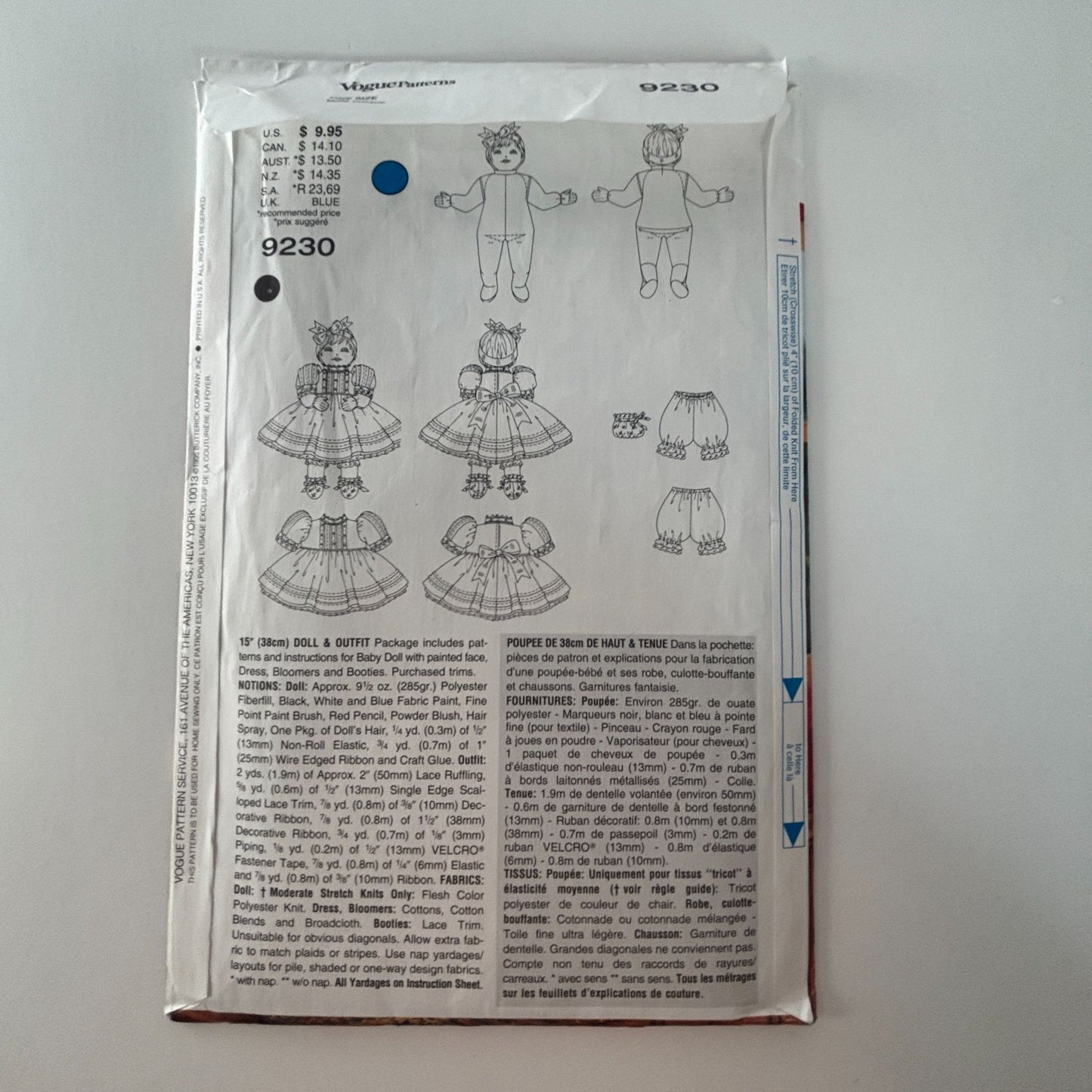 Vogue Sewing Pattern 9230 Doll Making Clothing Clothes Dress Outfit Craft Uncut