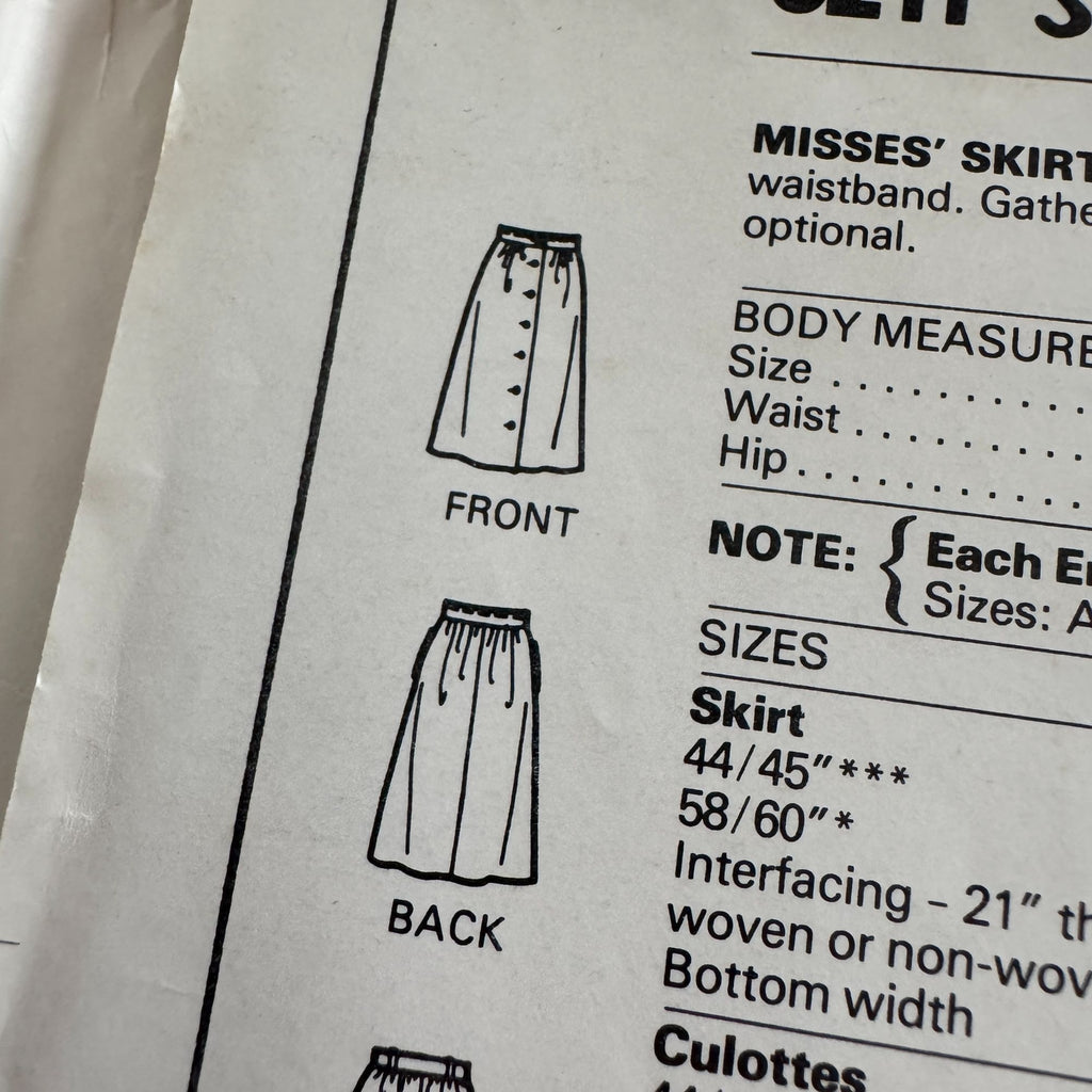 McCalls Sewing Pattern 8211 Skirt and Gathered Culottes Stitch N Save 12 14 16