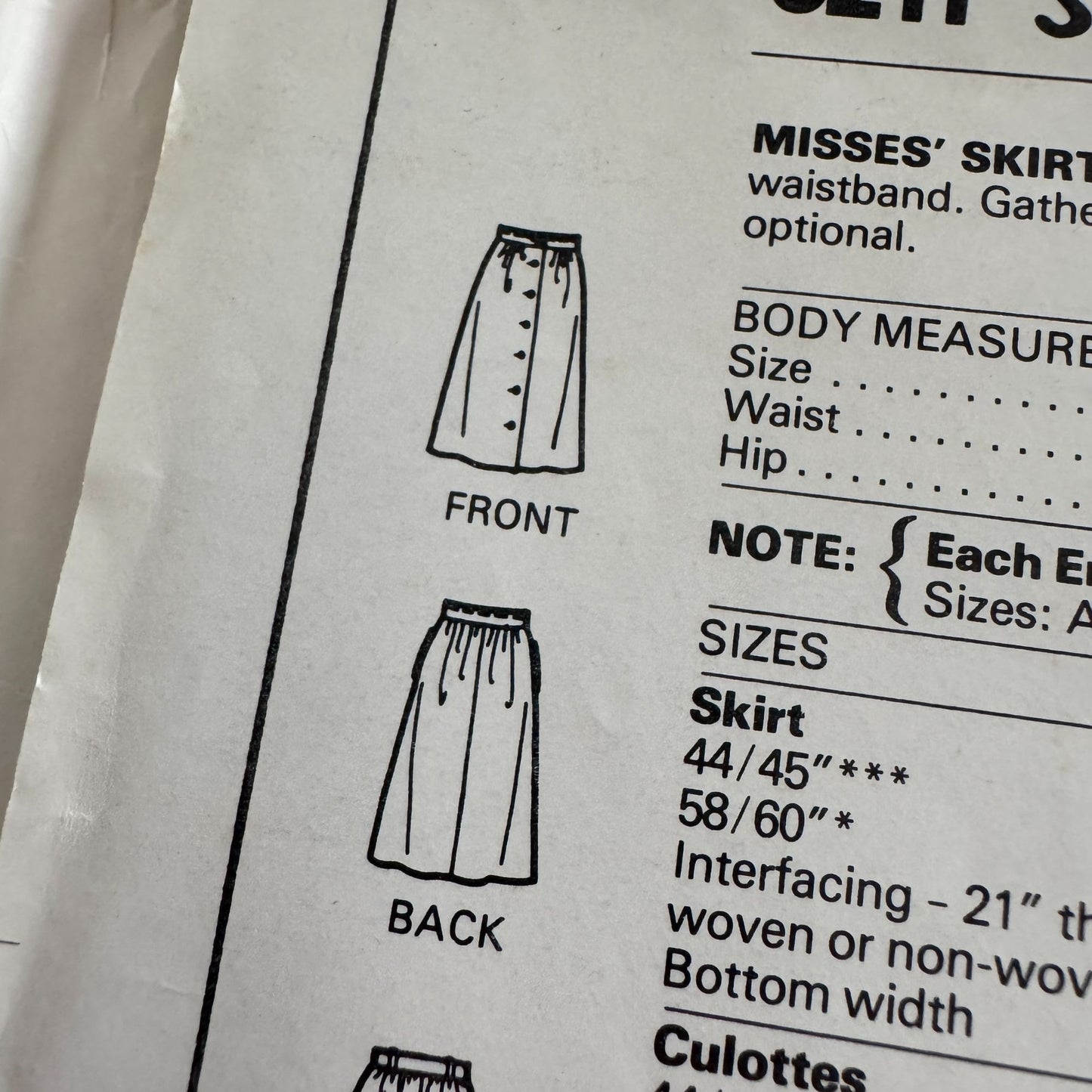 McCalls Sewing Pattern 8211 Skirt and Gathered Culottes Stitch N Save 12 14 16