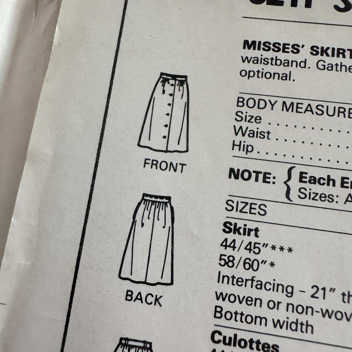 McCalls Sewing Pattern 8211 Skirt and Gathered Culottes Stitch N Save 12 14 16