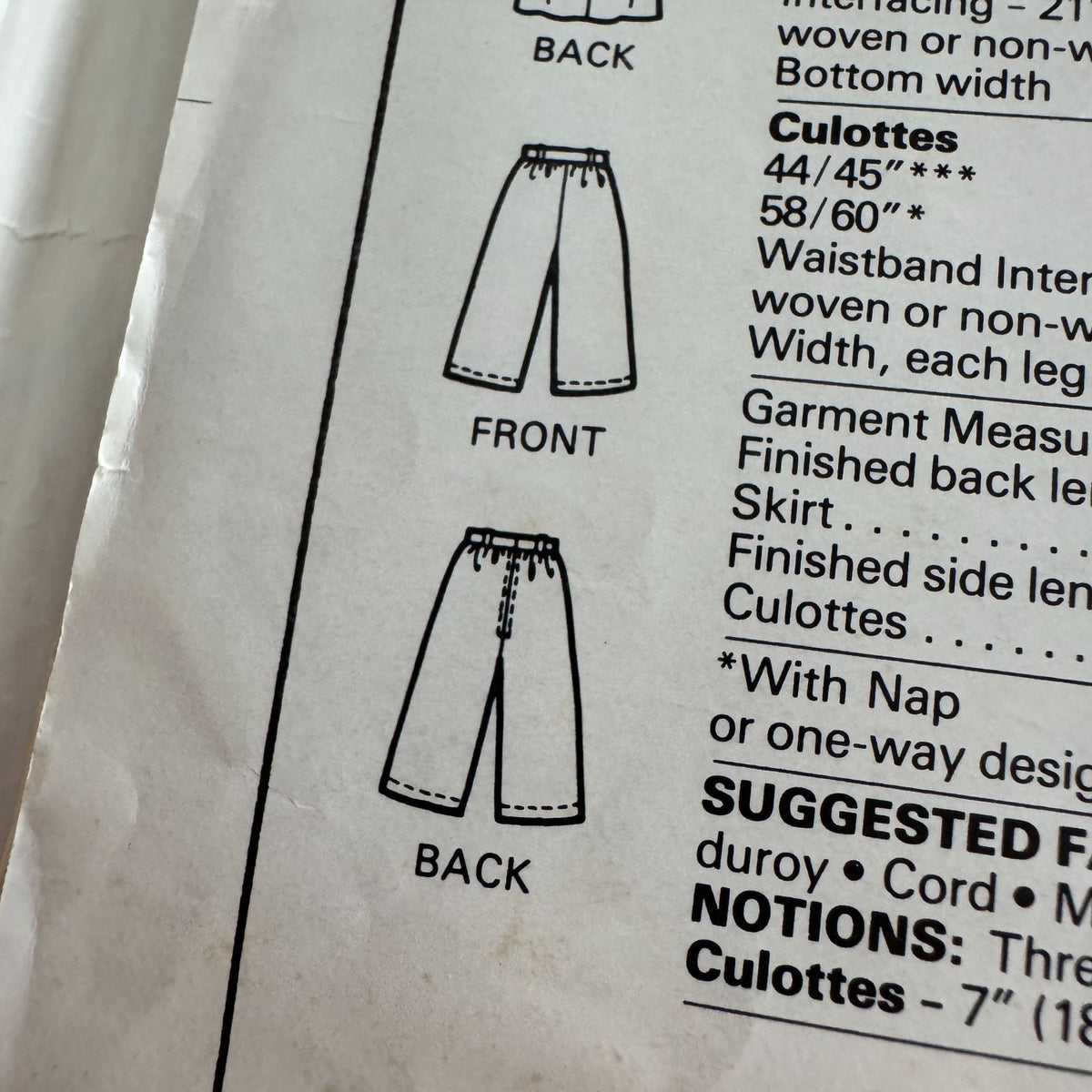 McCalls Sewing Pattern 8211 Skirt and Gathered Culottes Stitch N Save 12 14 16