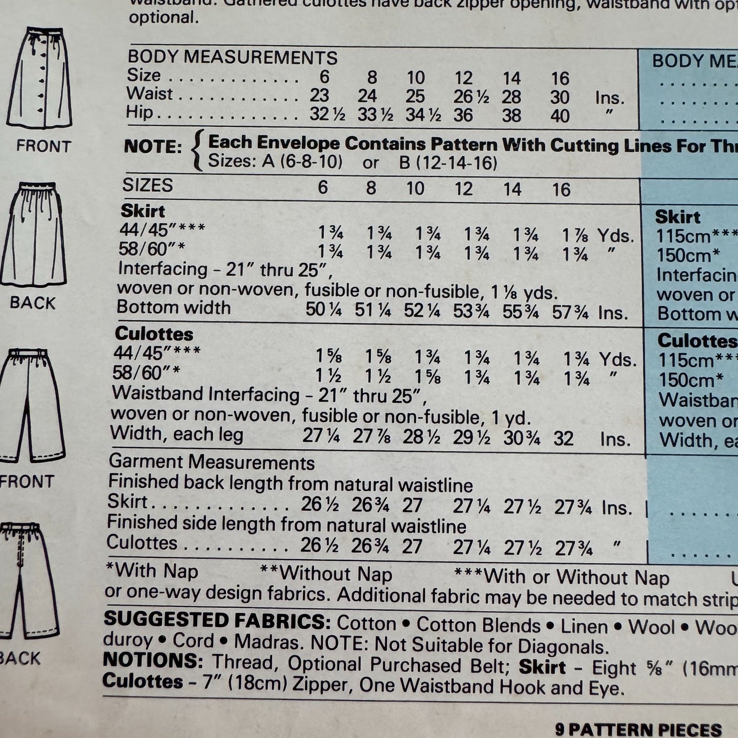 McCalls Sewing Pattern 8211 Skirt and Gathered Culottes Stitch N Save 12 14 16