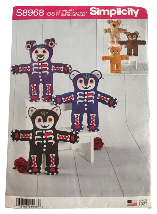 Simplicity Sewing Pattern S8968 Stuffed Animals Teddy Bear Cat Dog Plush Toys UC