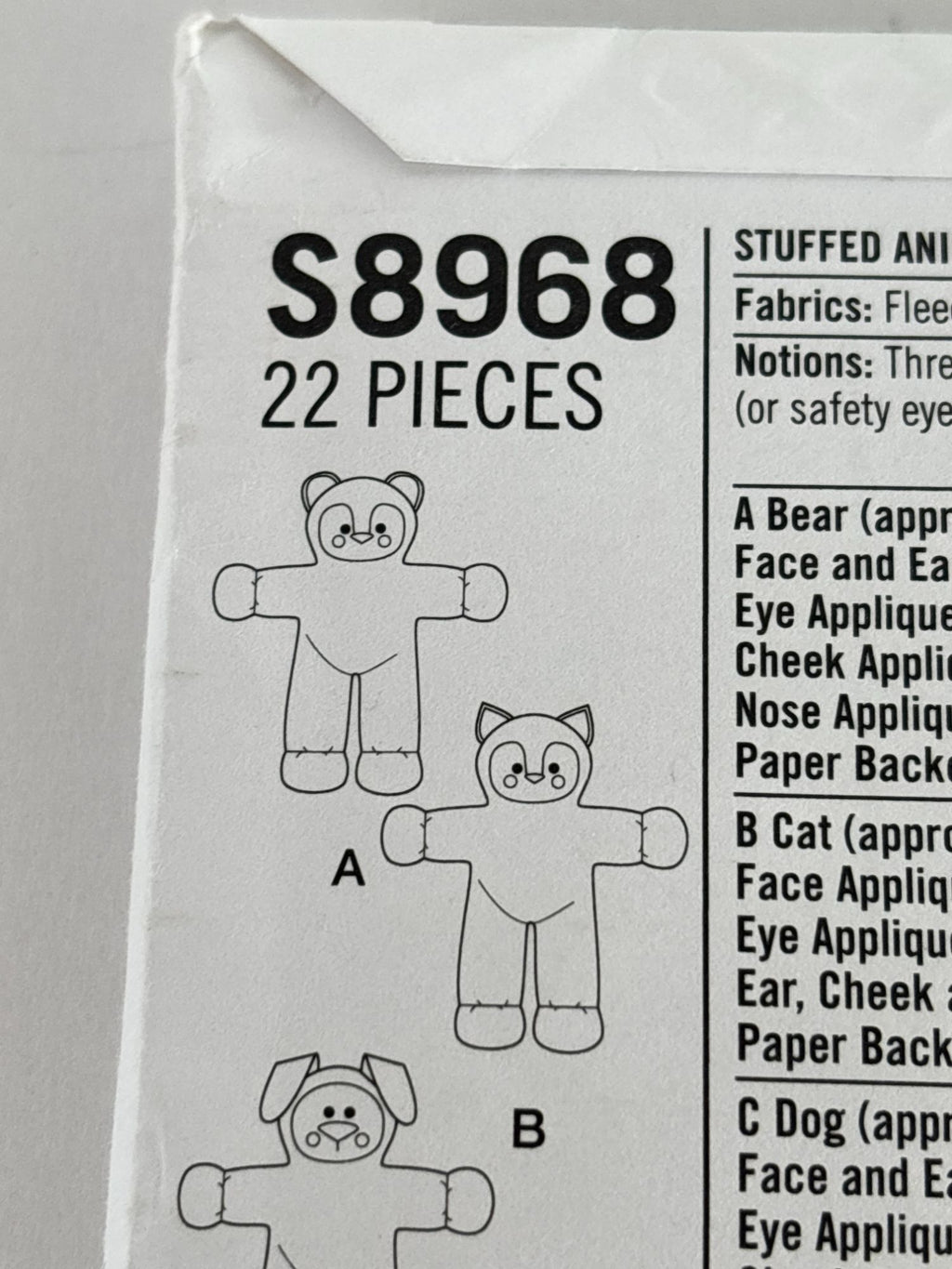 Simplicity Sewing Pattern S8968 Stuffed Animals Teddy Bear Cat Dog Plush Toys UC