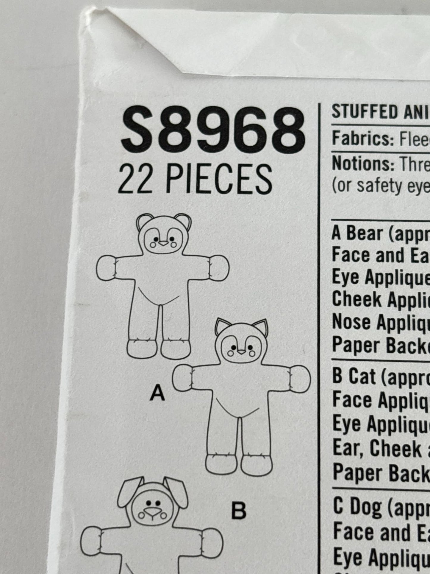 Simplicity Sewing Pattern S8968 Stuffed Animals Teddy Bear Cat Dog Plush Toys UC