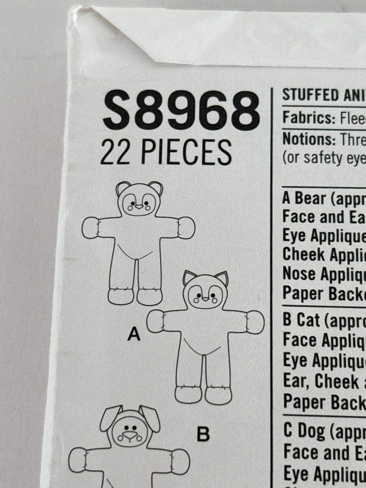 Simplicity Sewing Pattern S8968 Stuffed Animals Teddy Bear Cat Dog Plush Toys UC