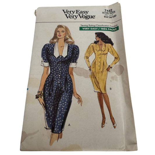 Vogue Sewing Pattern 7432 Work Dress 1980s Vintage Size 12 14 16 Very Easy Uncut
