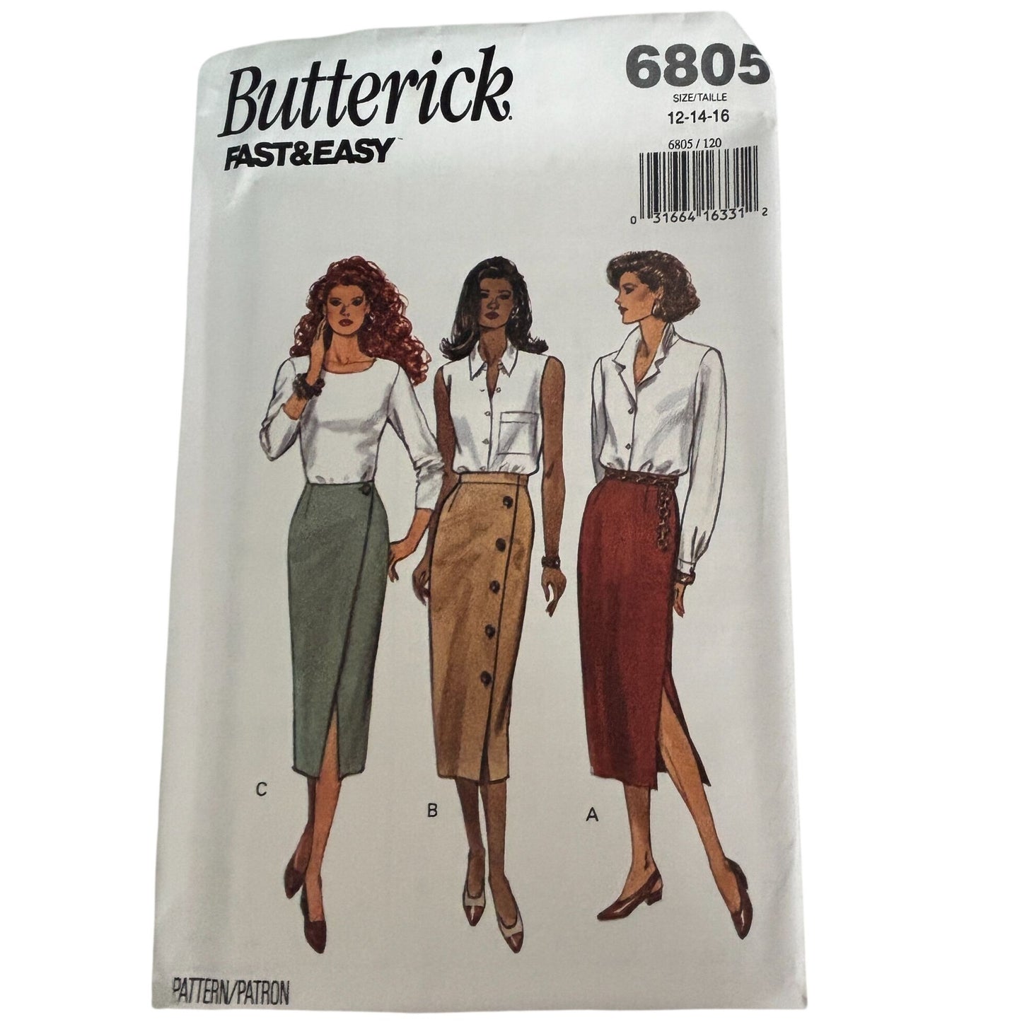 Butterick Sewing Pattern 6805 Straight Pencil Skirt Midi Corporate Core 1990s 12-16 Uncut