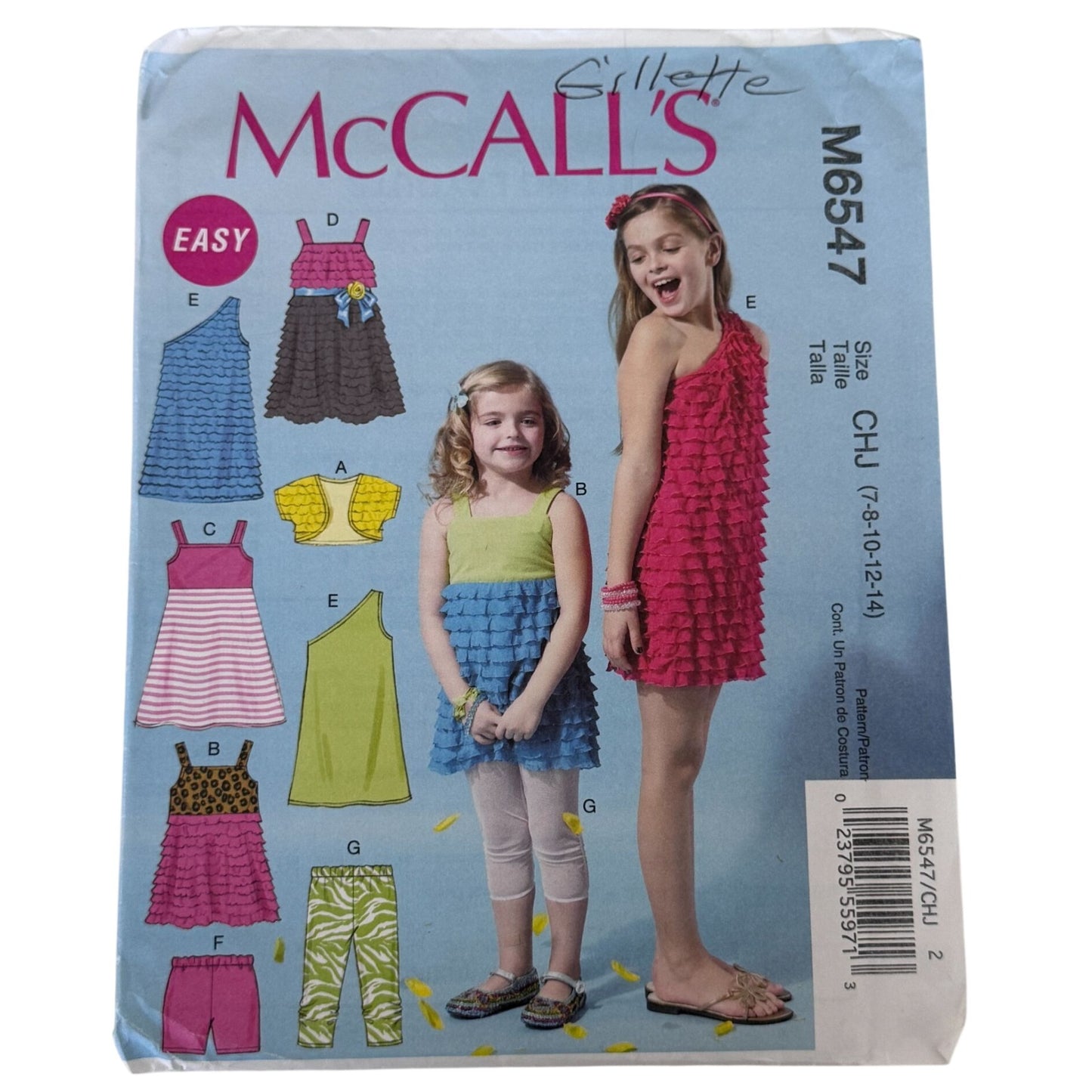 McCalls Sewing Pattern M6547 Shrug Top Shorts Leggings Easy Girls 7-14 Uncut Ruffle Outfit