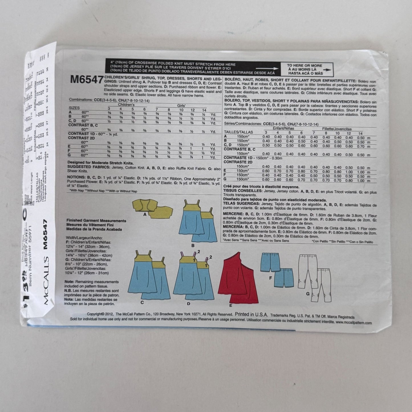 McCalls Sewing Pattern M6547 Shrug Top Shorts Leggings Easy Girls 7-14 Uncut Ruffle Outfit