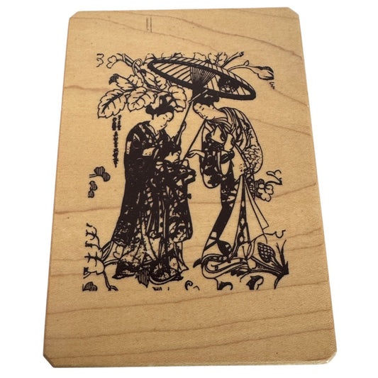 Inkadinkado Wood Rubber Stamp Japanese Geisha Scene Asian Women Umbrella Ornate