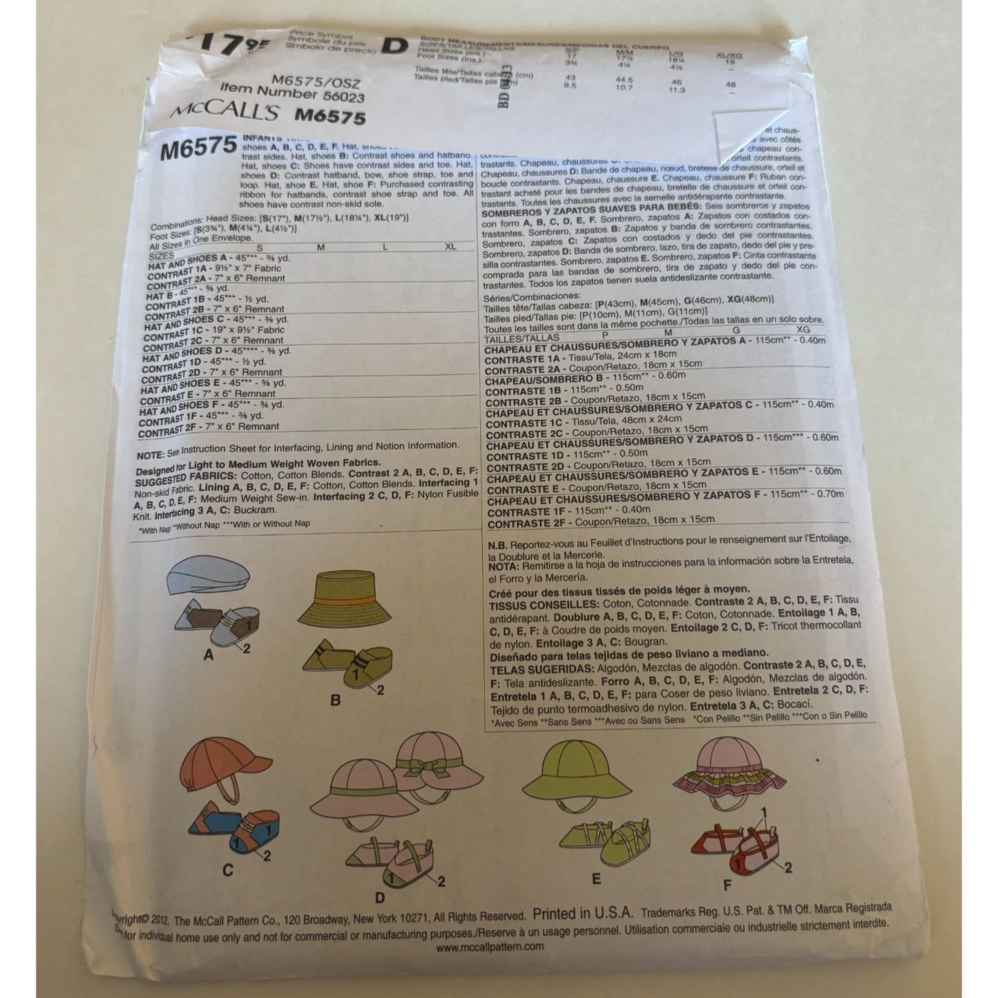 McCalls Sewing Pattern M6575 Infant Fashion Accessories Baby Hats Soft Shoes UC