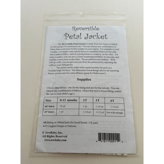 SewBaby Sewing Pattern Reversible Petal Jacket Baby Newborn 2T 3T 4T Warm Cozy