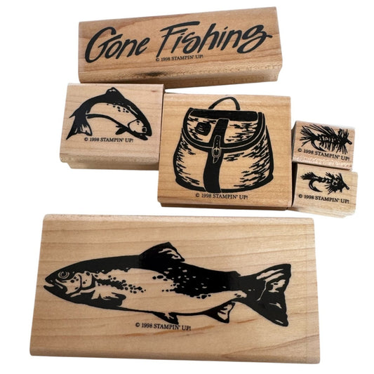 Stampin Up Rubber Stamp Set Gone Fishing Tackle Fish Hook Trout Fathers Day Dad