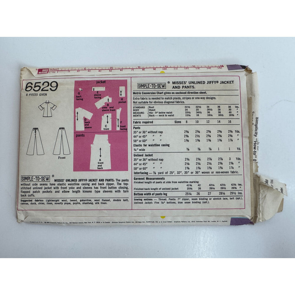 Simplicity Sewing Pattern 6529 Unlined Jiffy Jacket Pants Vintage 1970s UC 14