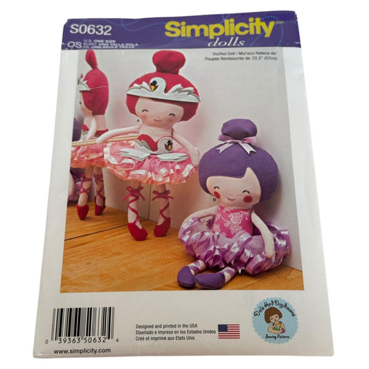 Simplicity Sewing Pattern S0632 Ballerina Dolls Plush Toys Stuffed Doll 22.5" UC