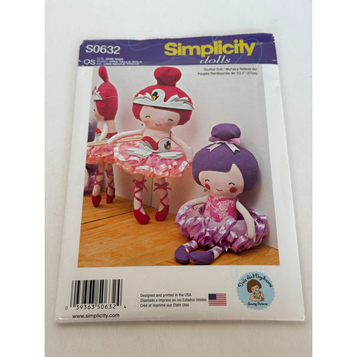 Simplicity Sewing Pattern S0632 Ballerina Dolls Plush Toys Stuffed Doll 22.5" UC