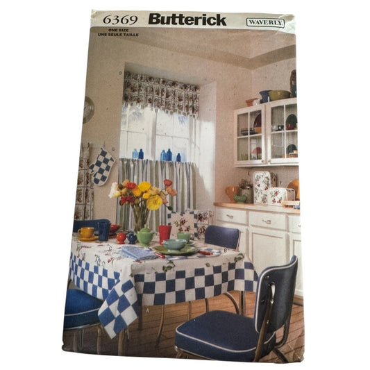 Vintage Cottage Kitchen Sewing Pattern Butterick 6369 Waverly Curtains Tablecloth Apron Placemats 90s Home Decor