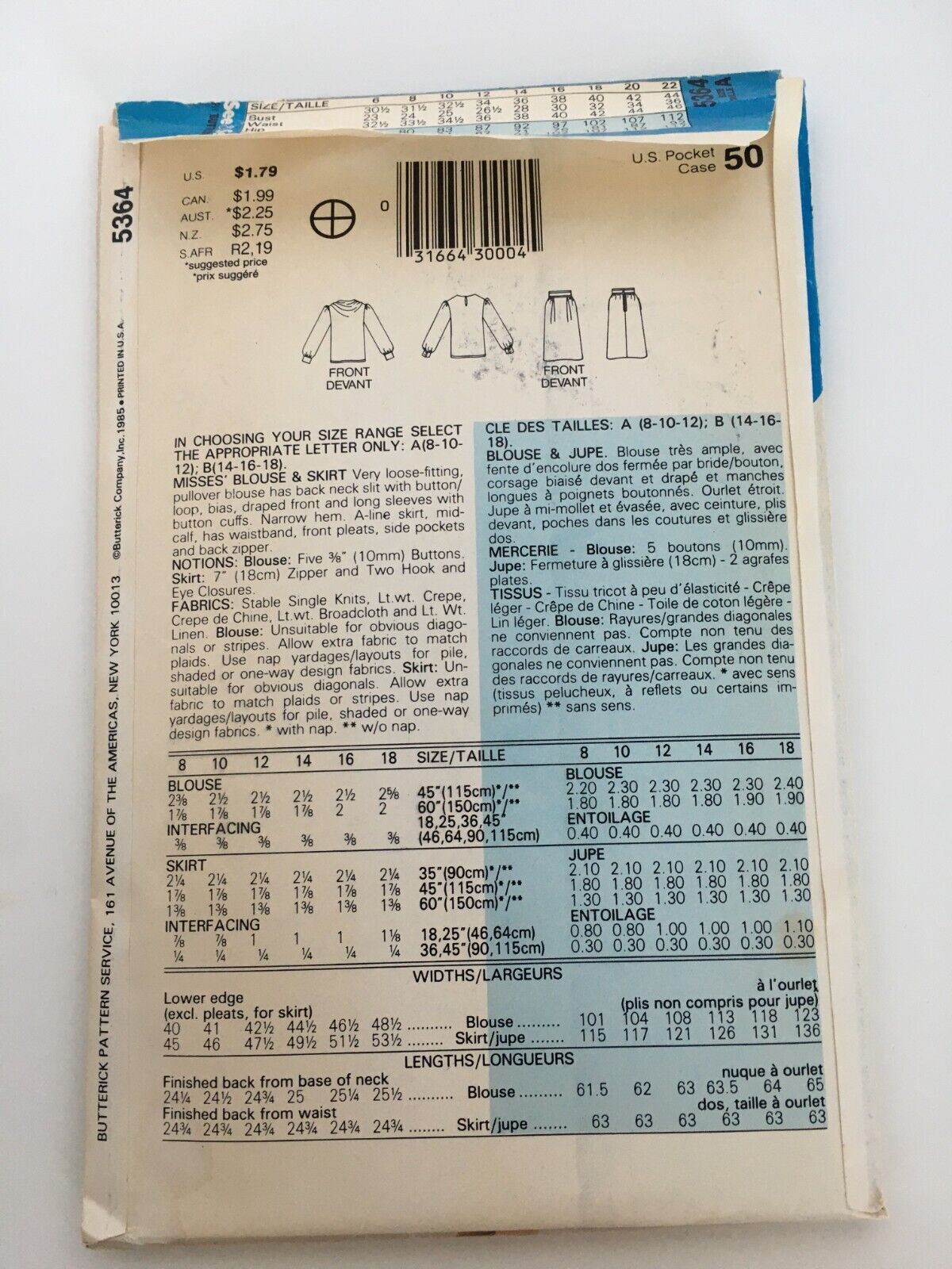 Butterick Sewing Pattern 5364 Blouse Skirt Outfit Work See and Sew 8 10 12 UC