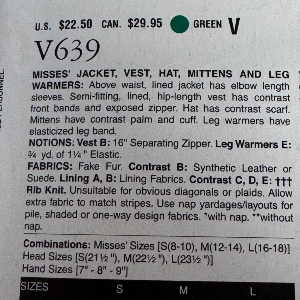 Vogue Sewing Pattern V639 Anna Sui Jacket Vest Hat Mittens Leg Warmers Winter Uncut