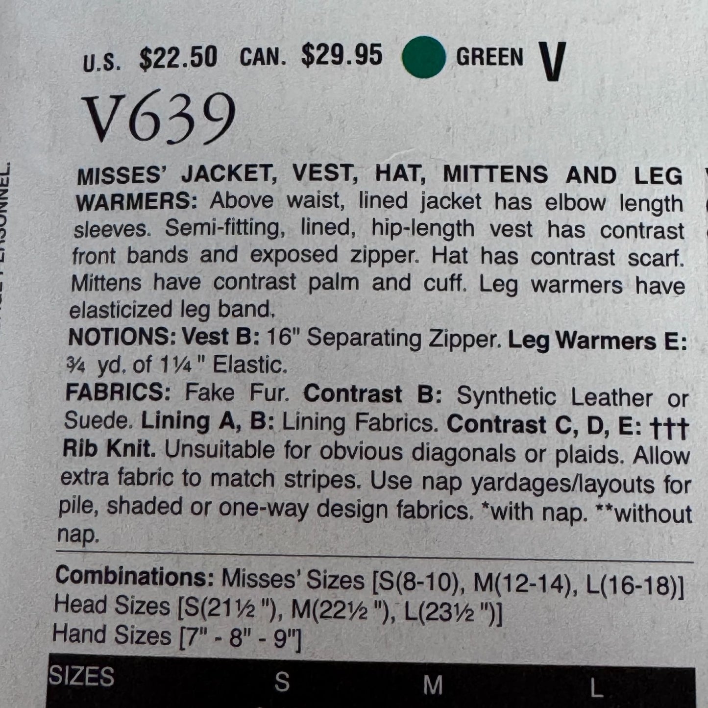 Vogue Sewing Pattern V639 Anna Sui Jacket Vest Hat Mittens Leg Warmers Winter Uncut