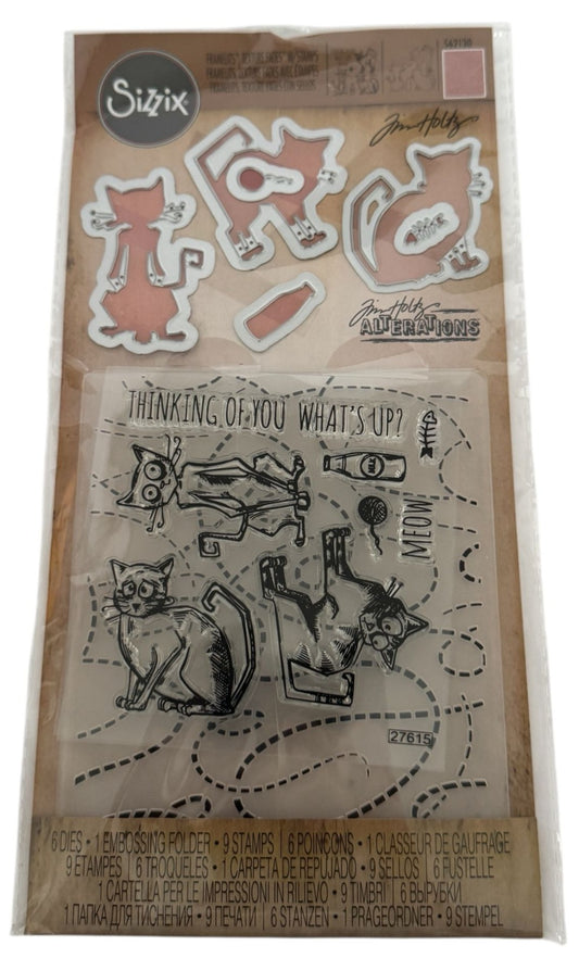 Tim Holtz Sizzix Framelits Cat Chat Stamps Dies Embossing Folder Thinking of You