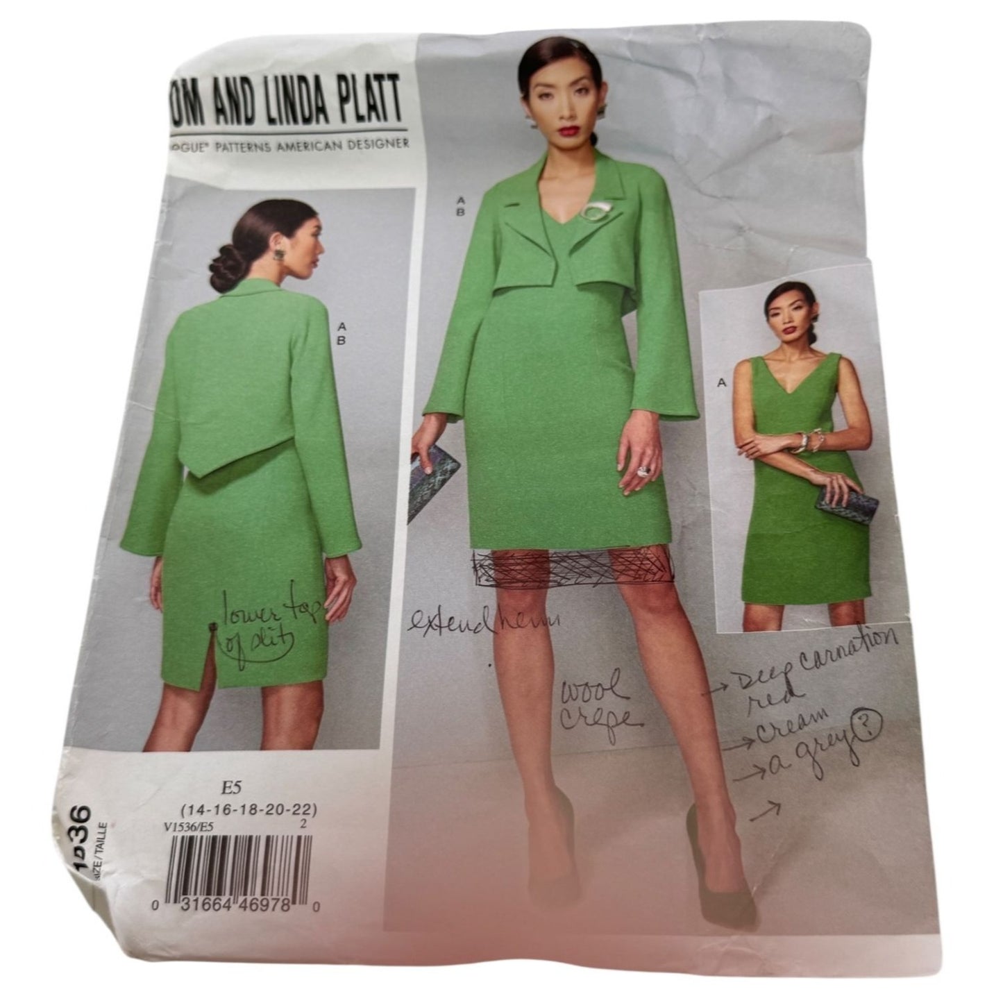 Vogue Sewing Pattern V1536 Dress Jacket Ensemble Sizes 14-22 Tom Linda Platt UC