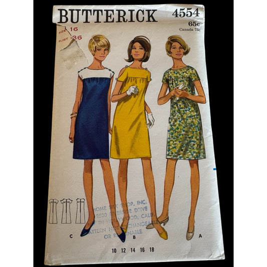 Butterick Sewing Pattern 4554 Slim Dress with Yoke Size 16 Vintage 1960s Uncut