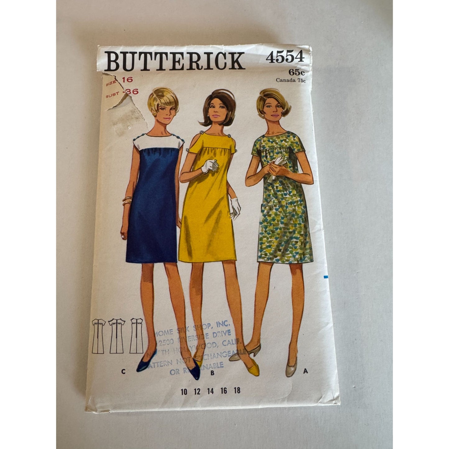 Butterick Sewing Pattern 4554 Slim Dress with Yoke Size 16 Vintage 1960s Uncut