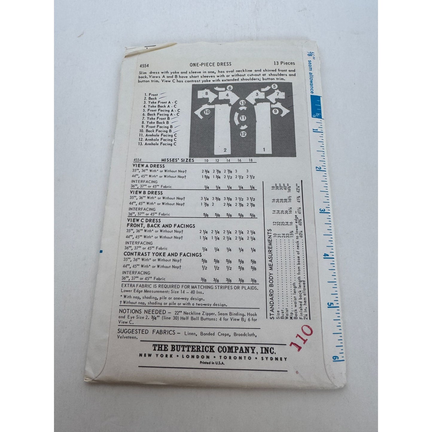 Butterick Sewing Pattern 4554 Slim Dress with Yoke Size 16 Vintage 1960s Uncut
