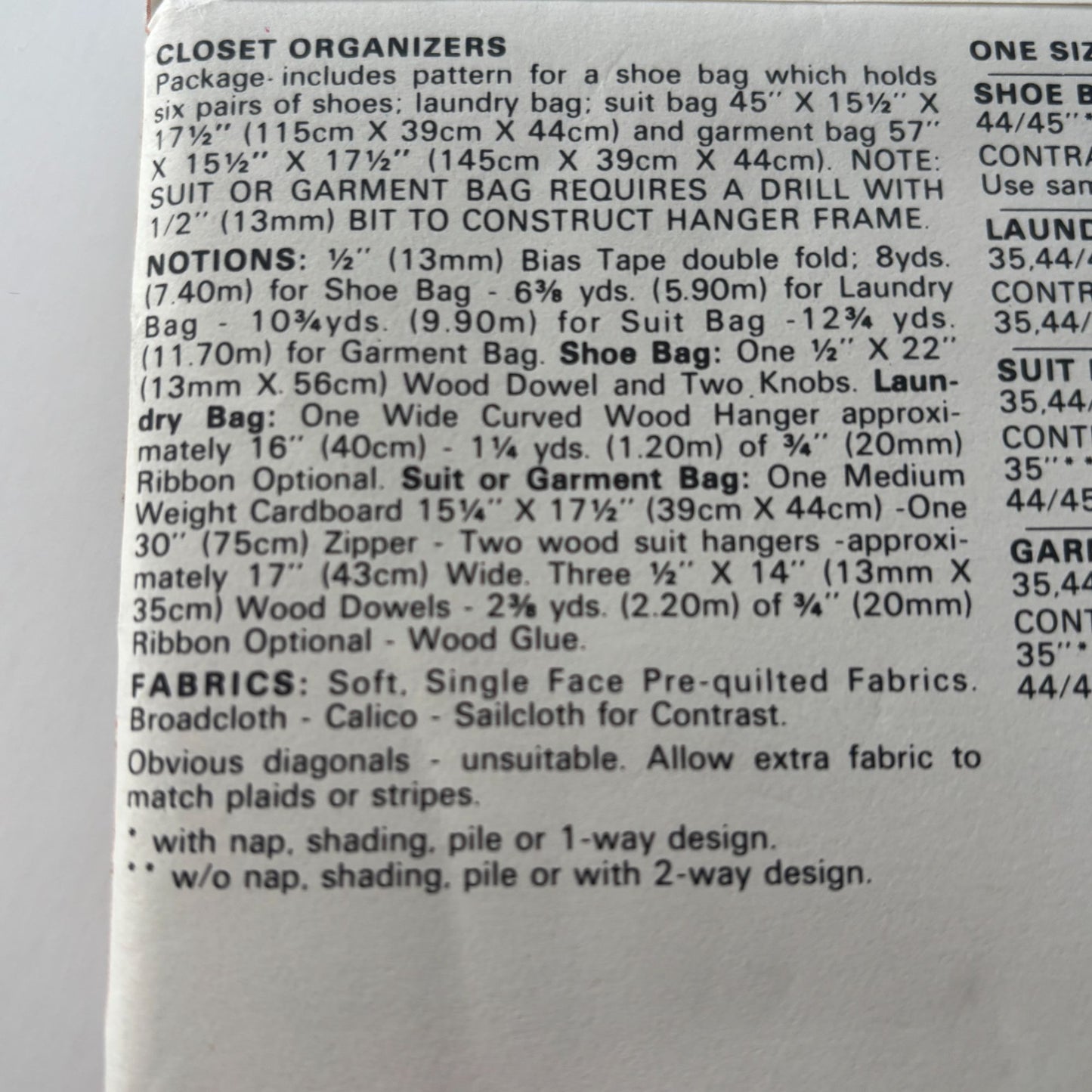 Vogue Sewing Pattern 8317 Closet Organizer Shoe Bag Laundry Suit Bag Garment Bag