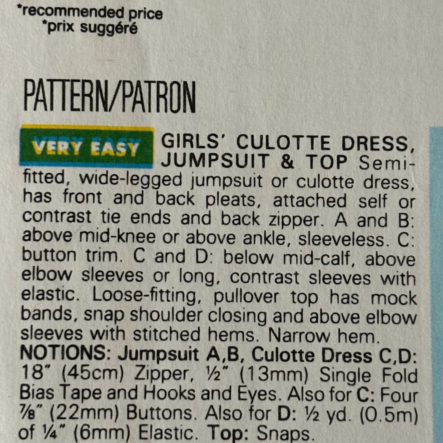 Butterick Sewing Pattern 6667 Girls Culotte Dress Jumpsuit Top 90s 7-10 Uncut Retro Y2K