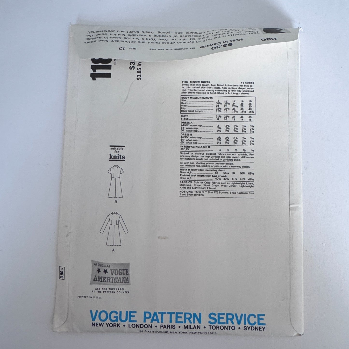 Vogue Sewing Pattern 1186 Teal Traina A-Line Dress 1975 Designer Vintage 12 Uncut
