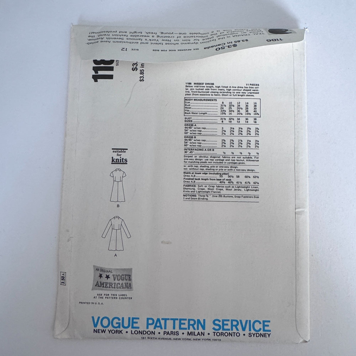 Vogue Sewing Pattern 1186 Teal Traina A-Line Dress 1975 Designer Vintage 12 Uncut