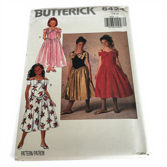 Butterick Sewing Pattern 6424 Party Dress Flower Girl 7-10 Bow Vintage 1990s UC