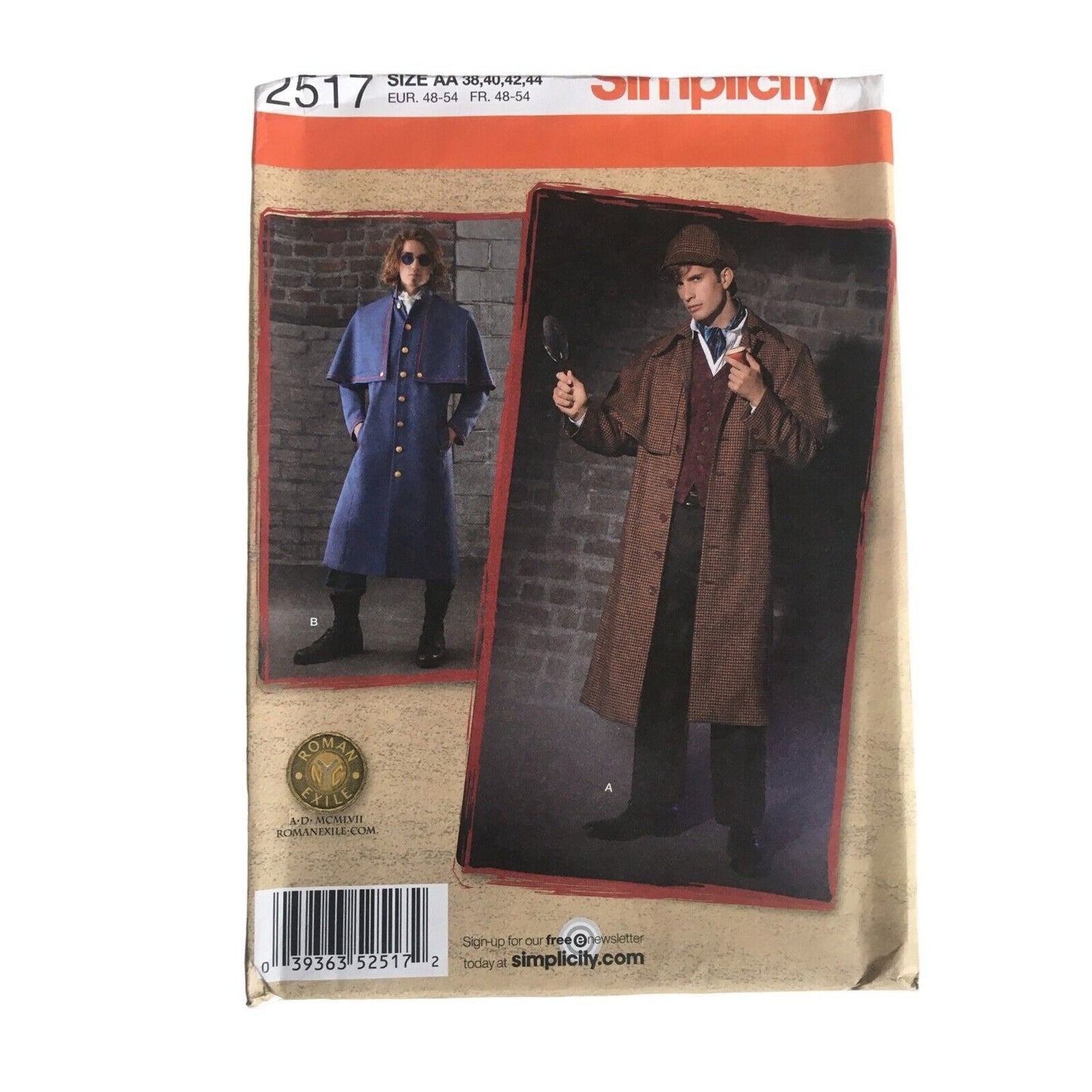 Simplicity Sewing Pattern 2517 Sherlock Coat Hat Steampunk Mens 38-44 Costume UC