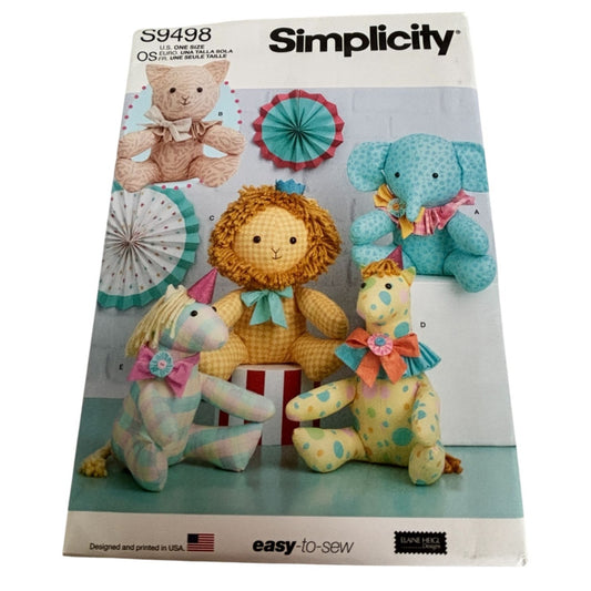 Simplicity Sewing Pattern S9498 Plush Stuffed Animals Elephant Unicorn Giraffe