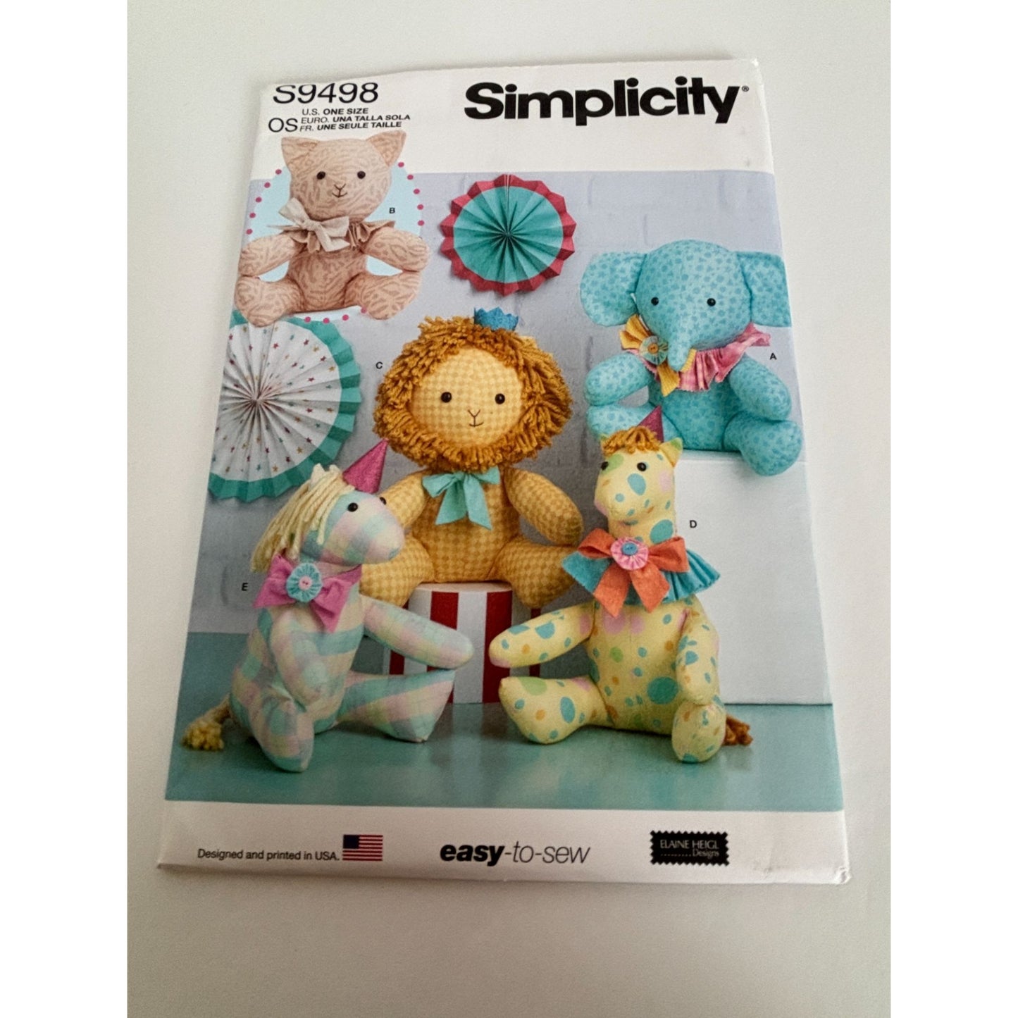 Simplicity Sewing Pattern S9498 Plush Stuffed Animals Elephant Unicorn Giraffe